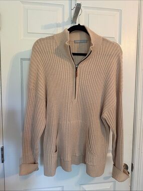 Hannah Rose Ribbed Half-Zip Pullover in Light Beige